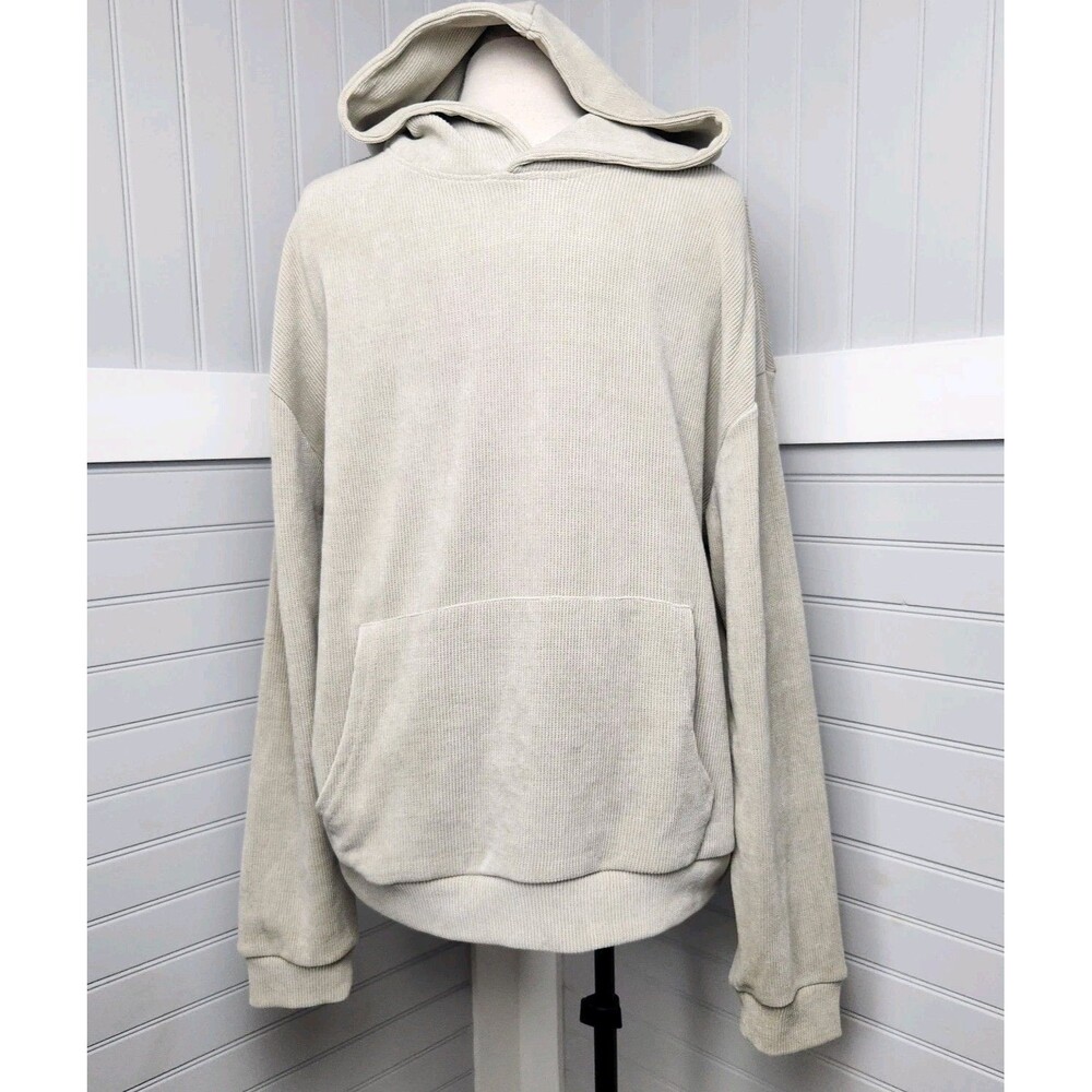 Negative Space Ribbed Knit Hoodie Mens L Beige/Cream Ultra-Cozy Kangaroo Casual
